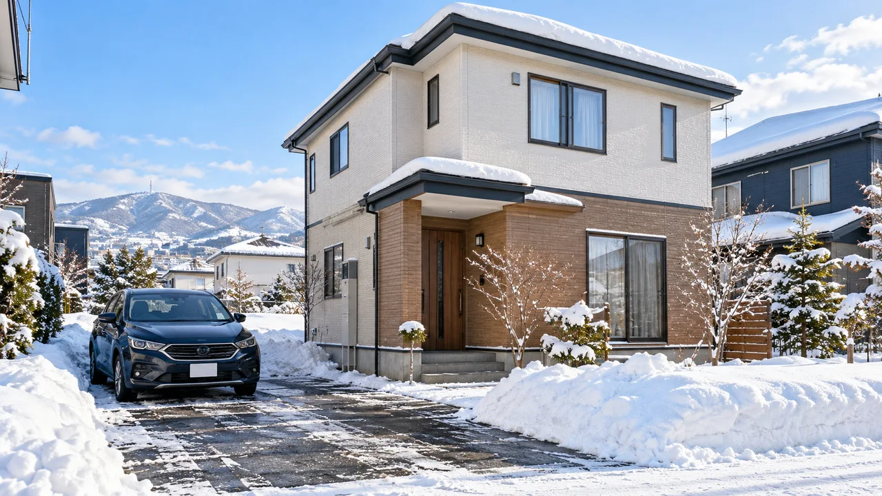 雪に囲まれた戸建てと駐車場のイメージ