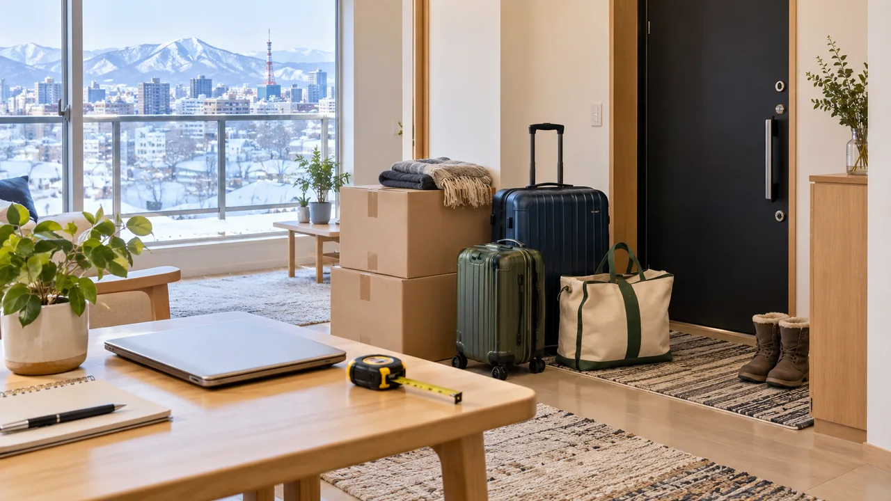 遠方からの引越し準備と旅行バッグのイメージ