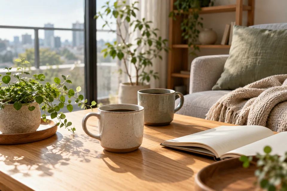 ふたり分のマグカップと植物がある暮らしの風景